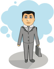 Business boy with suitcase on sky background