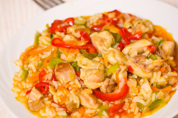 roast meat with vegetables and rice