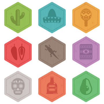 mexican hexigon icons vector bright colors mexico clipart isolated on white