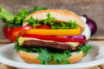 homemade hamburger with fresh vegetables, close up