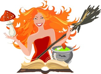 Halloween postcard with witch, amanita and old book