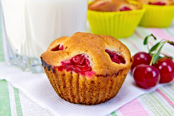 Cupcake with cherries and milk on napkin