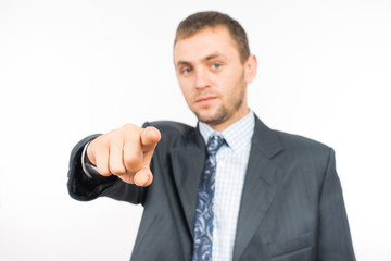 man points his index finger