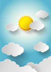Vector sun with clouds background.