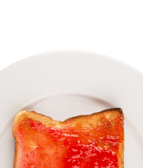 Bread toast with strawberry jam on white plate
