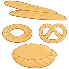 Bakery. Different bakery set with baguette, pie, bretzel