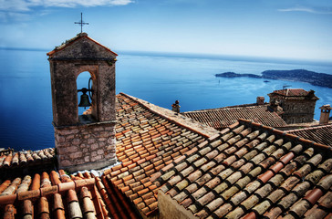 cote d'azur roofs with sea view - obrazy, fototapety, plakaty