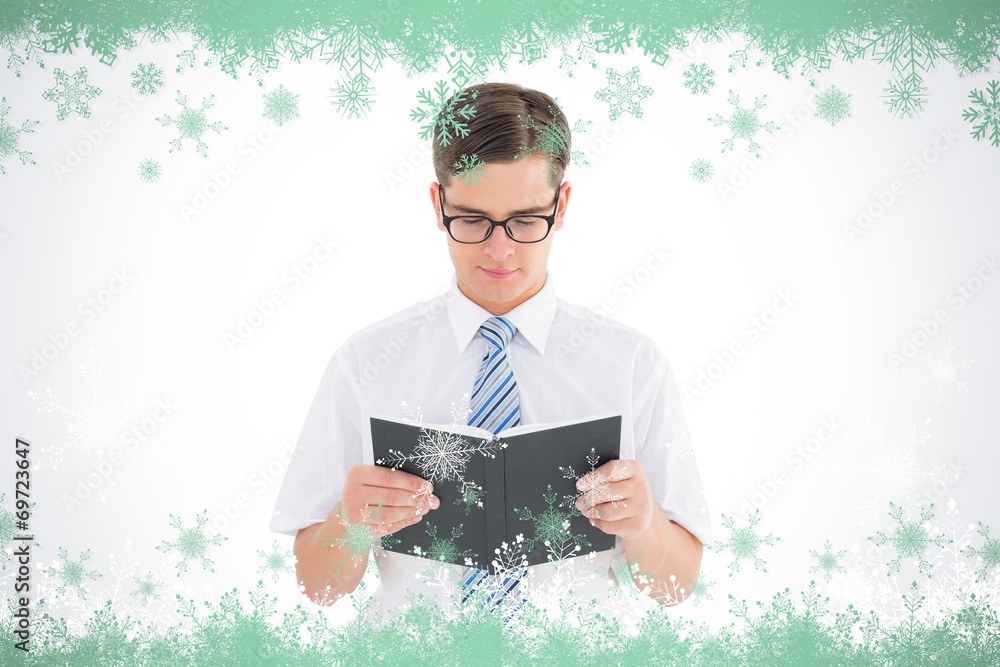 Poster Composite image of geeky businessman reading from book