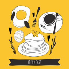 Cartoon fried egg with coffee and pancakes