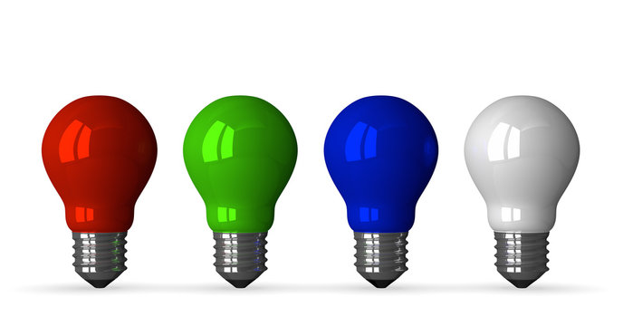 ﻿﻿Red, green, blue and white tungsten light bulbs, front vie