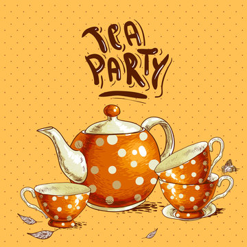 Tea Party Invitation Card With A Cups And Pot