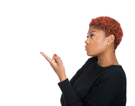 Young woman pointing with finger up, solving problem