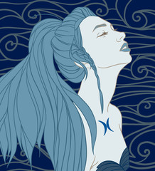 Illustration of pisces zodiac sign as a beautiful girl