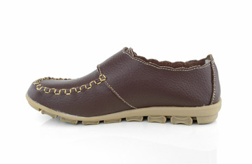 Right woman's brown shoe isolated on white background