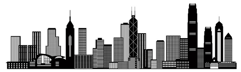 Hong Kong City Skyline Black and White Vector Illustration - obrazy, fototapety, plakaty