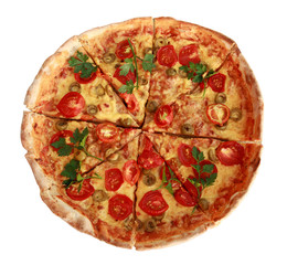 Italian pizza with cherry tomatoes on white background