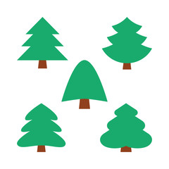 set of five christmas simple trees in green color