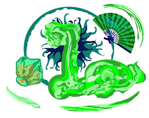green dragon with Chinese flying sky lantern and hand fan
