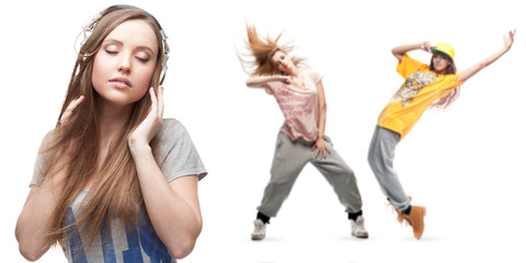 young woman listening music and two dancers on background