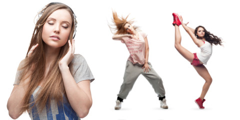 young woman listening music and two dancers on background