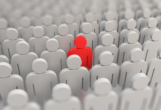 A red person in a crowd of people