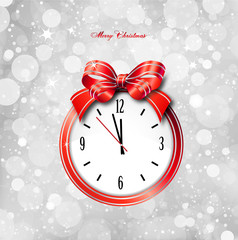 Red bow on clock. Vector christmas card