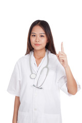 Asian young female doctor point up