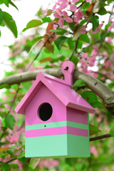 Birdhouse in garden outdoors