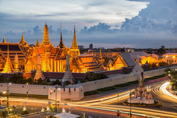 Grand palace at twilight with light from traffic in Bangkok, Tha