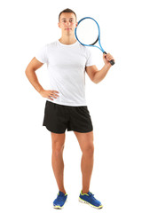 Handsome young sportsman holding racket isolated on white
