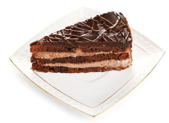 Chocolate cake on plate isolated on white