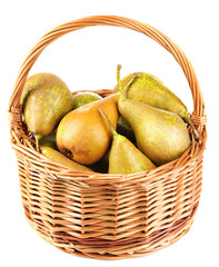 Ripe pears in basket isolated on white