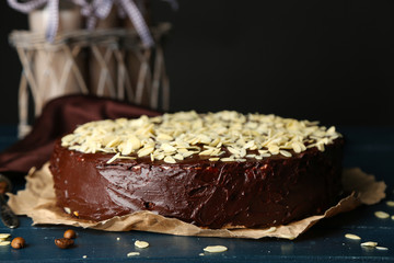 Tasty chocolate cake with almond,