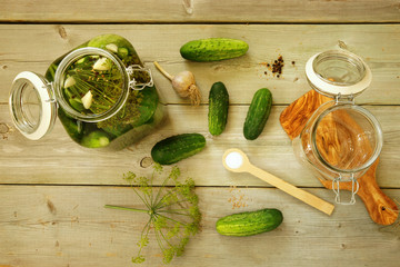 Homemade preserves. Preparation of pickled cucumbers.