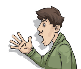 Young man talking and pointing with hand