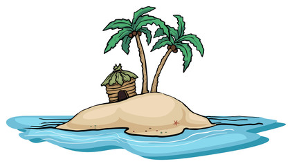 Far away island with palm tree and a single hut