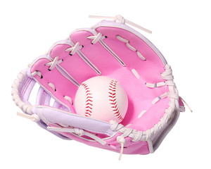 Baseball in Pink Female Glove isolated on white.