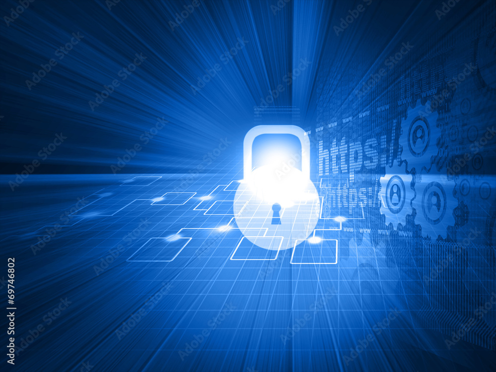 Poster cyber security concept, circuit board with closed padlock