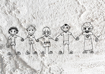 cartoon teenagers on Cement wall Background texture