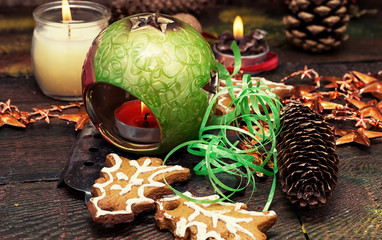 new year's composition with toys and Christmas decorations