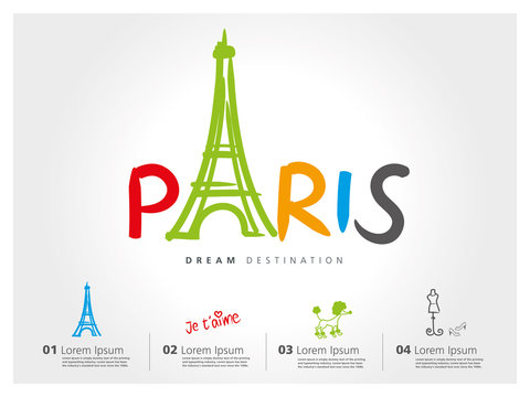 Paris travel set, France, Eiffel tower, typography