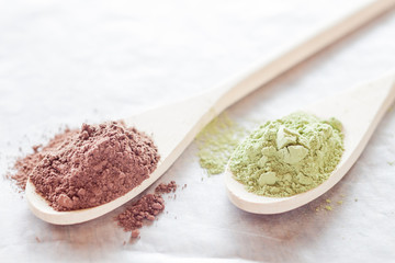 Cocoa and green tea powder heap