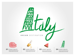 Obraz premium Italy travel set, Pisa, Rome, Colosseum, typography
