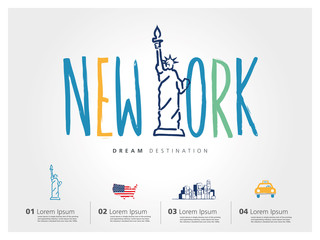 New York travel set, Statue of Liberty, typography