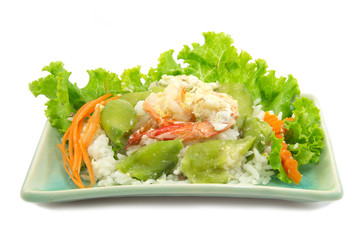 Steamed rice with zucchini and  shrimp fried on white background