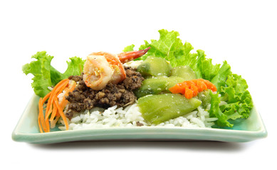 Steamed rice with zucchini and shrimp fried and pork salted oliv