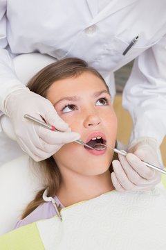 Pediatric dentist examining a patients teeth