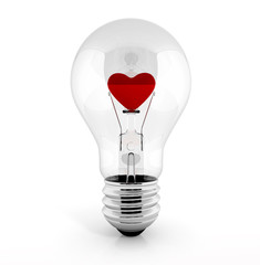 light bulb isolated on white background with heart in it