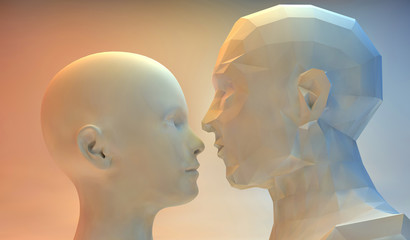 3D stylized woman and man head -technology concept