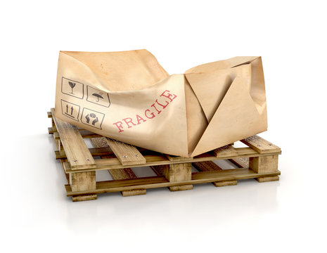 Cardboard damaged package on wooden pallet